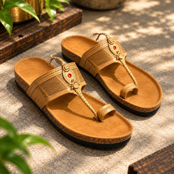 SHOPKOP Cork Kolhapuri chappal in cross-angle view, highlighting its traditional leather straps, distinctive Kolhapuri design and contemporary cork sole.