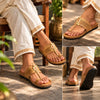 Three-angle collage of a person wearing SHOPKOP Cork Kolhapuri chappals, showcasing the traditional Kolhapuri leather strap design, cork footbed and contemporary Indian footwear style.