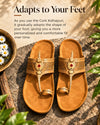 Pair of SHOPKOP Cork Kolhapuri chappals with text explaining how the cork footbed adapts to the shape of the foot, combining traditional Kapashi-style Kolhapuri design with cushioned support and a modern footwear construction.