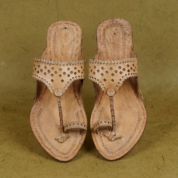 SHOPKOP Women's Queen Strap Kolhapuri Chappal – Original Handstitched Buffalo Hide Traditional Indian Flat Sandal Top View | Direct from Kolhapur Artisan Manufacturer