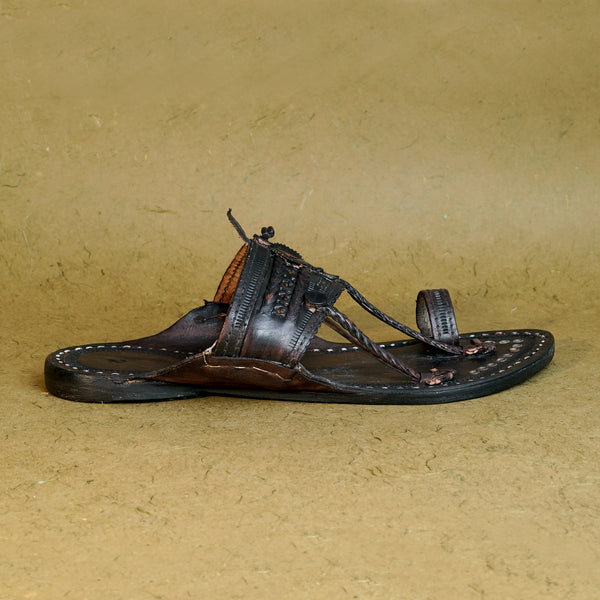 Side view men’s authentic chrome leather double strap Wadi Kolhapuri chappal, shiny secure traditional ethnic dual strap design.