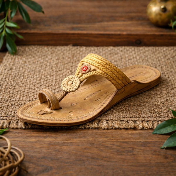 Authentic traditional Kolhapuri chappal for women handmade leather footwear unique design cross angle view