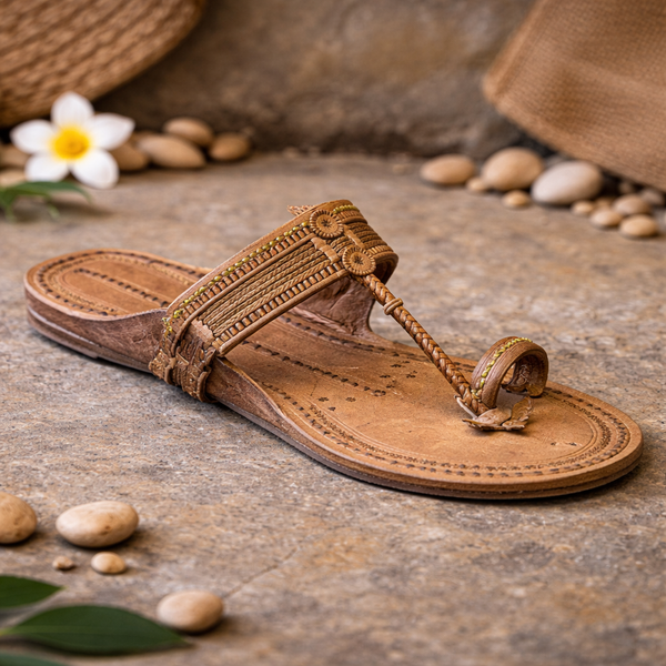 Authentic Kolhapuri chappal for women handcrafted leather sandal cross view
