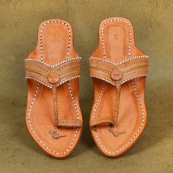 Overhead GI Triveni Kolhapuri chrome-tanned leather chappal for women top profile, premium artisan-stitched interwoven heritage stylish glossy footwear design.
