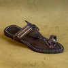 Women’s vibrant Triveni Jari Patta leather kolhapuri chappal angled perspective, intricate jari detailing traditional daily ethnic luxury festive elegance showcase.