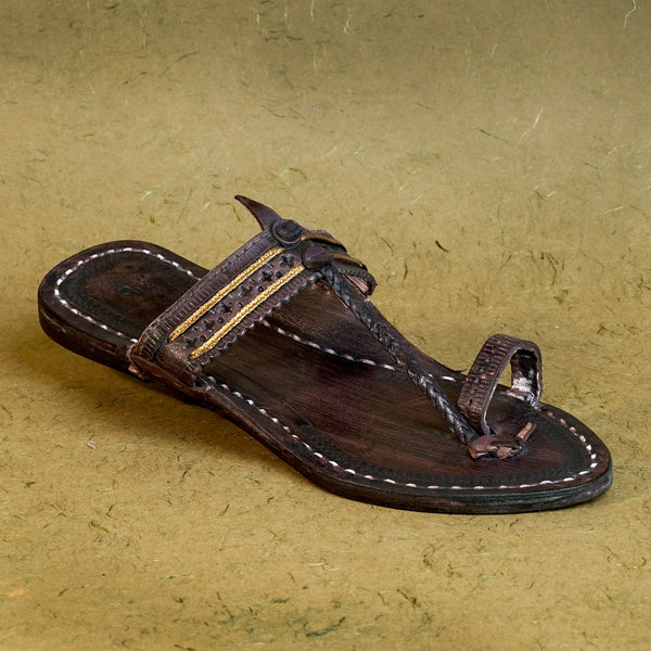 Women’s vibrant Triveni Jari Patta leather kolhapuri chappal angled perspective, intricate jari detailing traditional daily ethnic luxury festive elegance showcase.