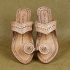 Overhead GI Angatha Patta Kolhapuri leather chappal for women top profile, premium vegetable-tanned artisan-stitched heritage stylish footwear design.