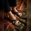 Closeup top-down Kisabai ladies Kolhapuri chappal on girl, premium GI-certified vegetable-tanned flats for ethnic style