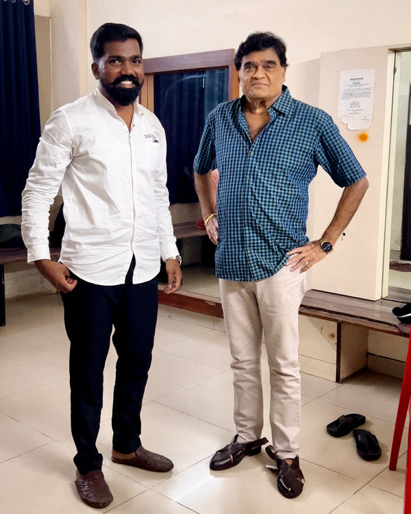 Celebrity Ashok Saraf in GI-tagged Peshawari-style Kolhapuri chappal, handcrafted premium leather men’s heritage footwear.