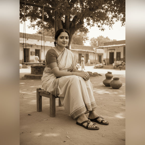Lady wearing authentic Kisabai Chepali women’s Kolhapuri chappal, hand-braided vegetable-tanned leather ethnic traditional footwear