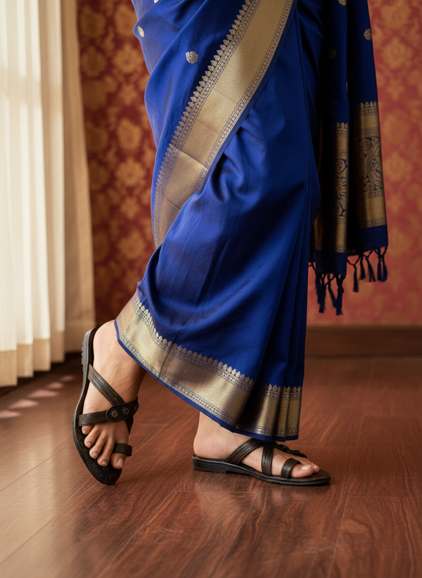 Indian model in traditional saree wearing authentic Kisabai Chepali women’s Kolhapuri chappal, handcrafted leather ethnic flats