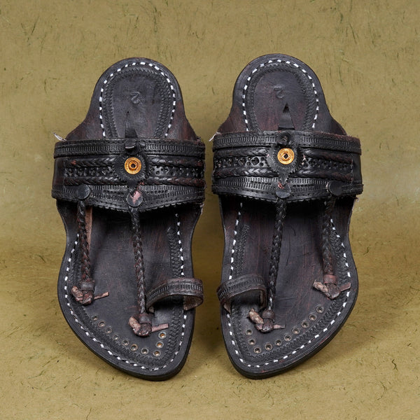 Top down GI double strap Wadi Kolhapuri chrome sandal for men, artisan-crafted durable shiny comfortable heritage minimalist footwear.