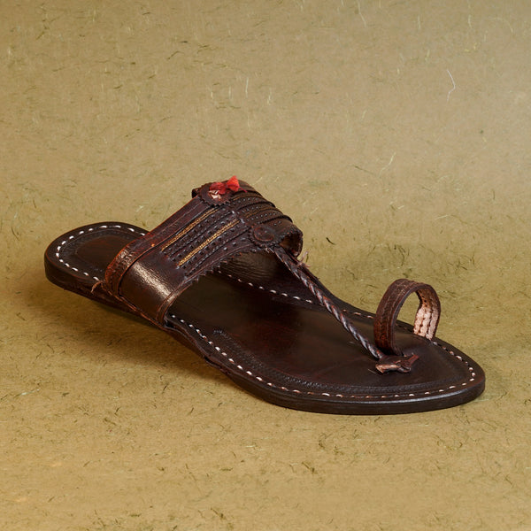 Angled authentic GI Wadi Kolhapuri chappal chrome leather for men, handcrafted durable single strap comfortable artisan heritage style