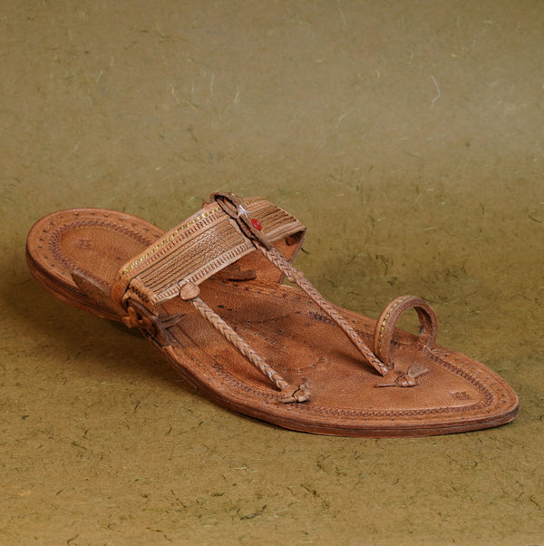 Men’s GI special Khas Kolhapuri leather chappal cross profile, premium vegetable-tanned artisan weave heritage stylish versatile wedding ethnic craftsmanship.