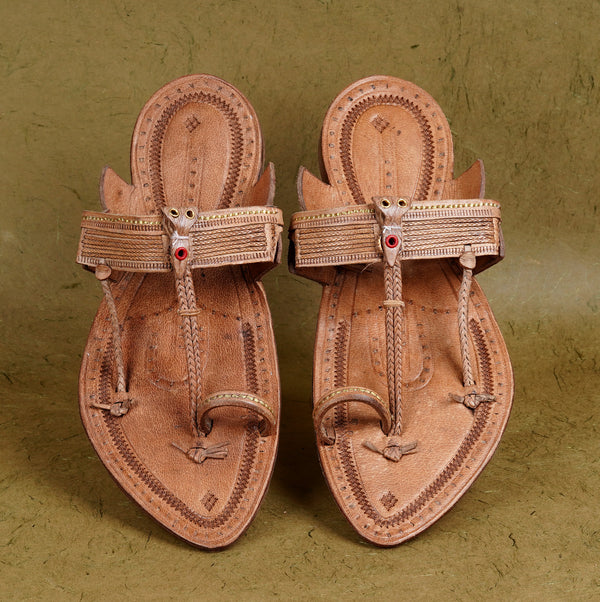 Top angle view men’s original special Khas Kolhapuri chappal leather sandal slipper, overhead symmetrical braided straps traditional ethnic breathable durable comfortable festive footwear.