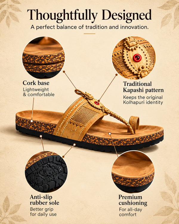 SHOPKOP Cork Kolhapuri Chappal featuring a traditional Kapashi-style leather belt, cork base, cushioned footbed and anti-slip rubber sole, combining Kolhapuri craftsmanship with modern footwear design.