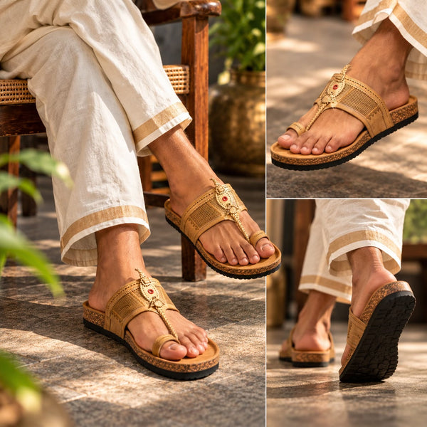Three-angle collage of a person wearing SHOPKOP Cork Kolhapuri chappals, showcasing the traditional Kolhapuri leather strap design, cork footbed and contemporary Indian footwear style.