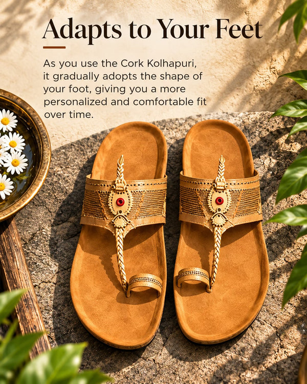 Pair of SHOPKOP Cork Kolhapuri chappals with text explaining how the cork footbed adapts to the shape of the foot, combining traditional Kapashi-style Kolhapuri design with cushioned support and a modern footwear construction.