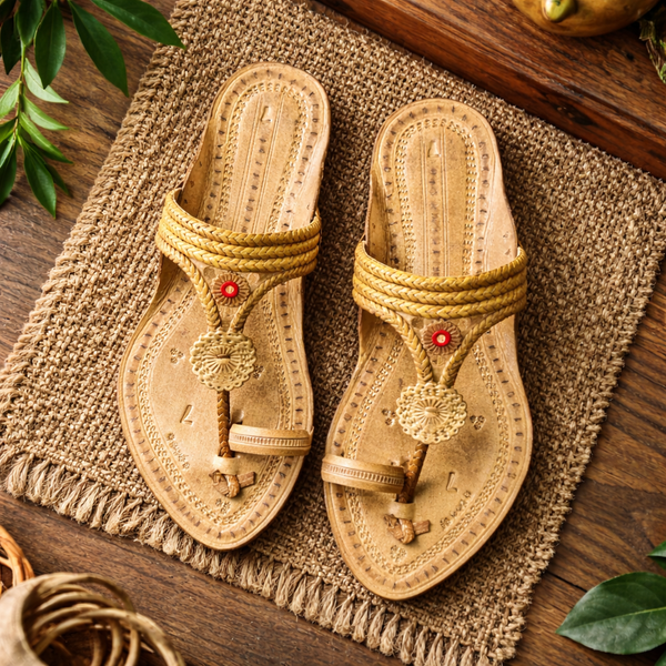 Authentic traditional Kolhapuri chappal for women handmade leather footwear unique design top view