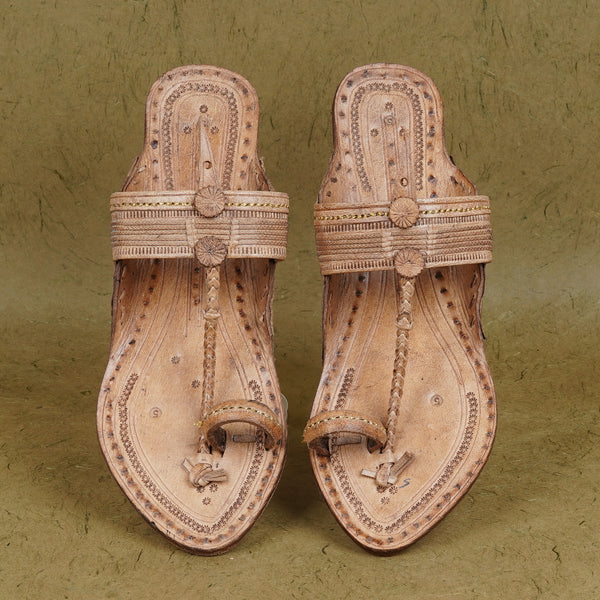 Top angle view women’s original Kapashi Kolhapuri chappal leather sandal, overhead handcrafted ethnic lightweight breathable comfortable footwear.