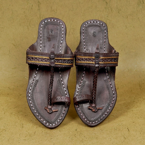 Women’s vibrant Triveni Jari Patta leather kolhapuri chappal sandal top perspective, intricate jari detailing traditional daily ethnic luxury festive sparkle showcase.