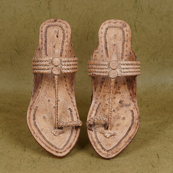 Overhead GI Veni Kolhapuri leather chappal for women top profile, premium vegetable-tanned artisan-stitched heritage feminine footwear design.
